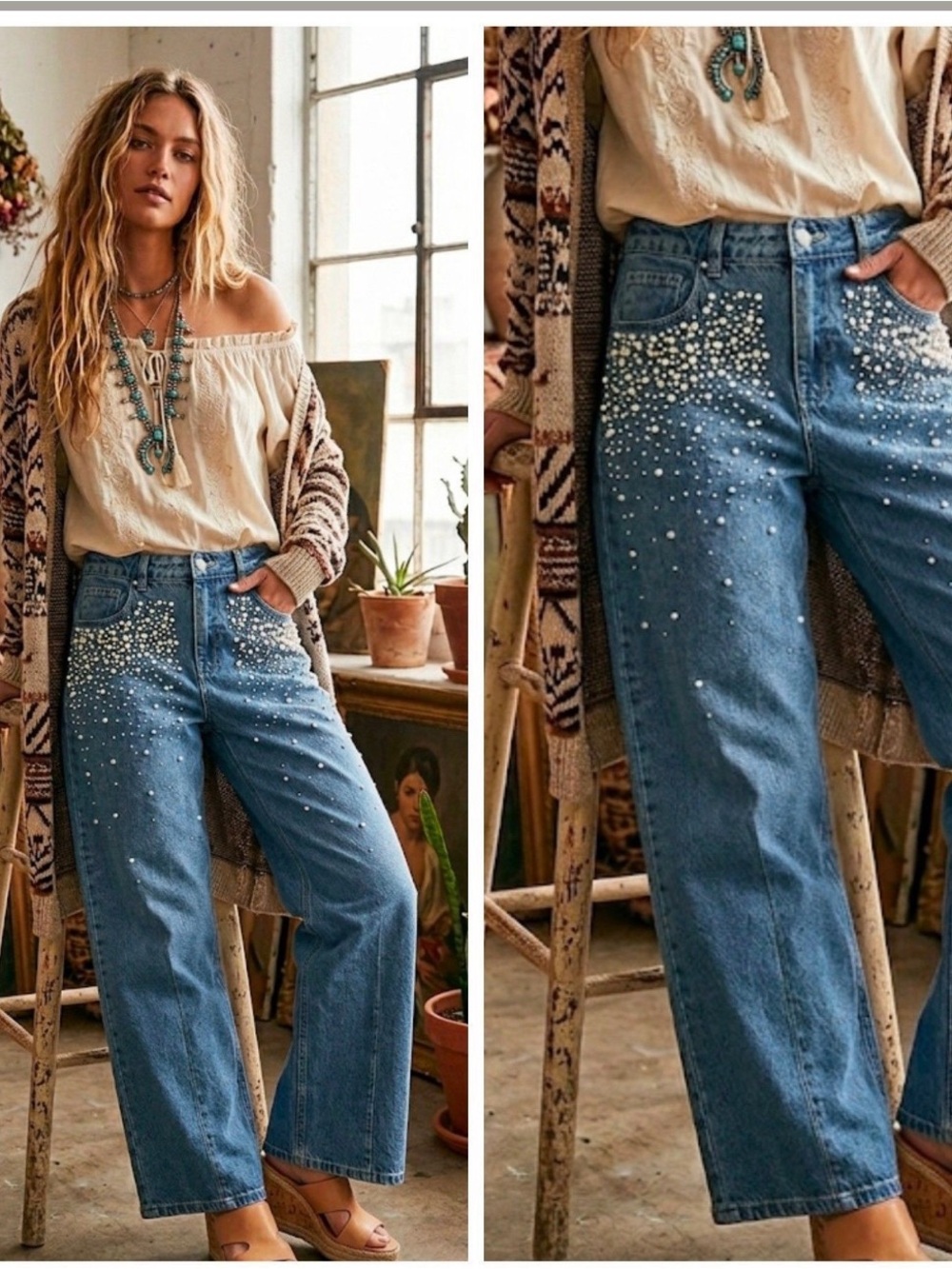Boutique Embellished Pearl Barrel Jeans